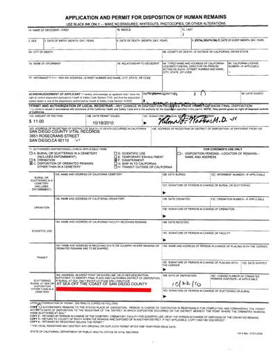 Application and permit for disposition of Human Remains